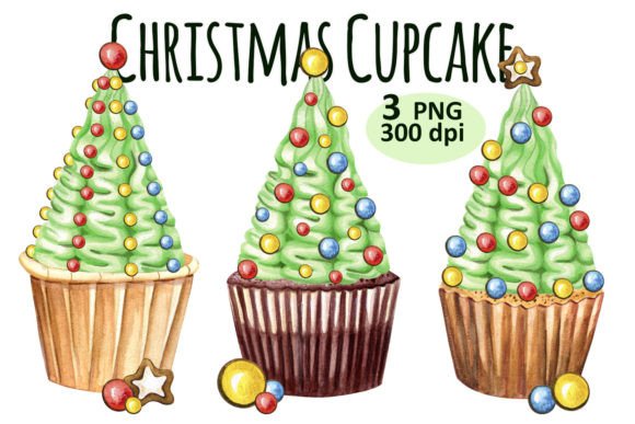 Christmas Tree Cupcake Clipart PNG Set