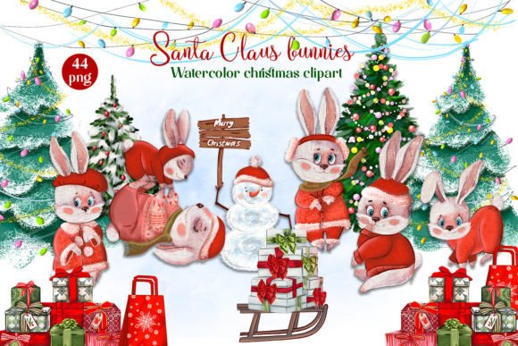 Santa Claus Bunnies Watercolor Christmas for Brand Illustrations